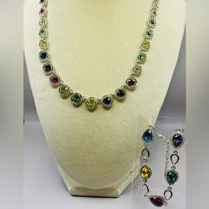 Elegant Multicolor Gemstone Charm Necklace and Bracelet. Silver Tone.